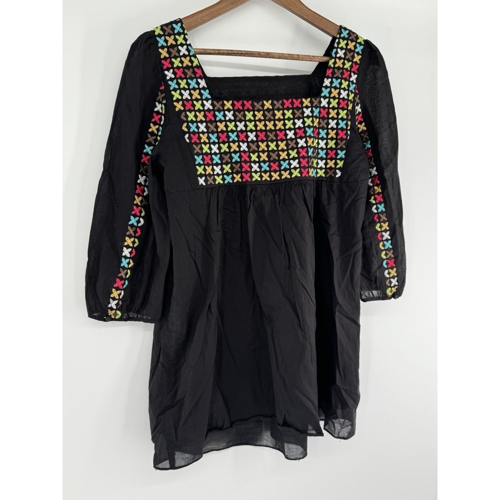 Lucca Black Embroidered multicolored artsy blouse sheer lightweight 3/4th sleeve